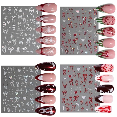 4 Sheets 3D Bow and Heart Nail Art Stickers, Self-Adhesive Y2K Nail Decals