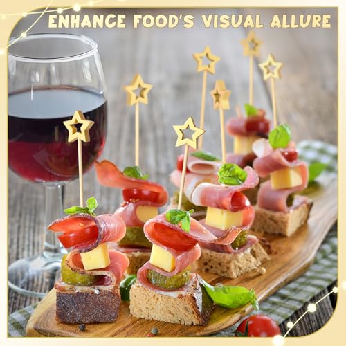Vicuna R Gold Star Cocktail Picks - 100PCS Bamboo Appetizer Skewers