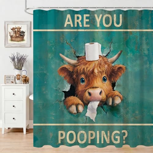 Funny Highland Cow Shower Curtain 72"x72" - Waterproof Farmhouse Decor