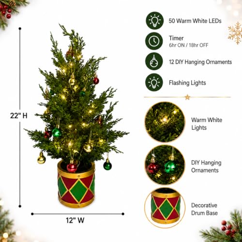 Lighted Tabletop Christmas Tree with Timer, 50 LEDs, Ornaments, 22 Inch