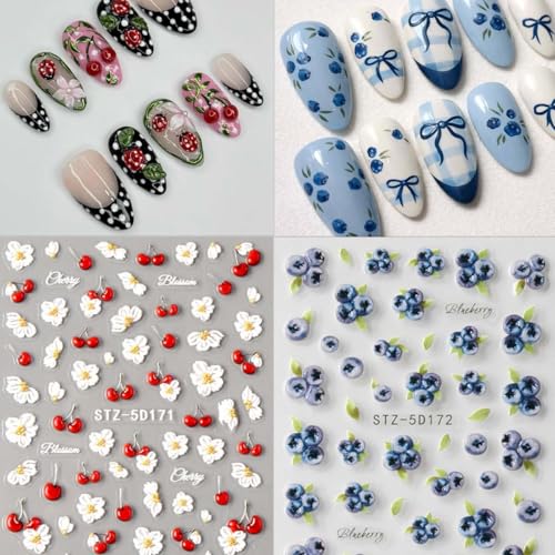 5D Flower Nail Art Stickers - Cherry & Blueberry Self-Adhesive Decals (2 Sheets)