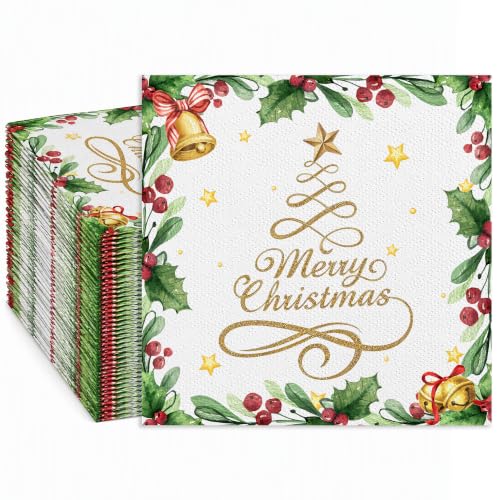 Merry Christmas 50 Pack Disposable Paper Napkins - Gold Bells & Holly Decor
