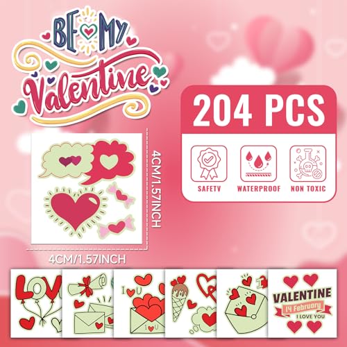 EMOME 204 PCS Glow in the Dark Valentine Temporary Tattoos for Kids