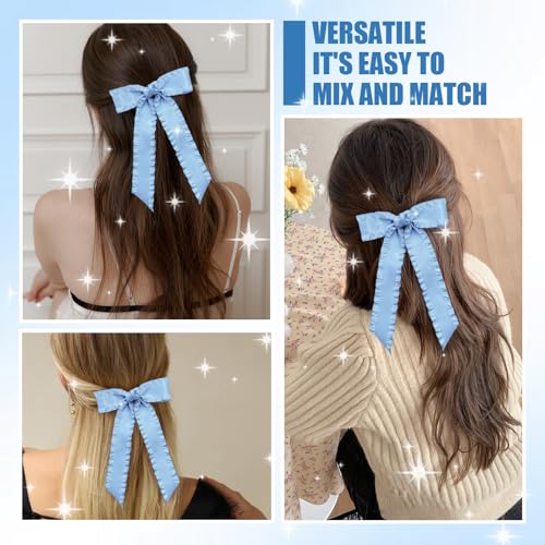 Light Blue Satin Hair Bows 2-Pack, 5.5 Inch Large Ribbon Clips