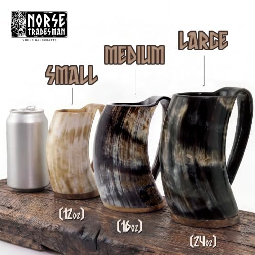 Viking Horn Mug - Light 16 oz, Authentic Ox Horn Drinking Vessel with Rustic Sack