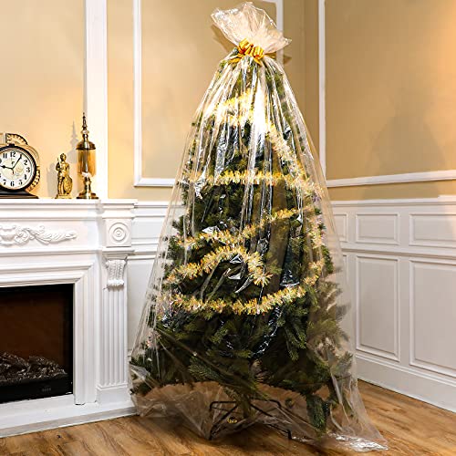 Christmas Tree Disposal Bag 12x6 ft Clear with Ribbon Pull Bow - Holiday Storage