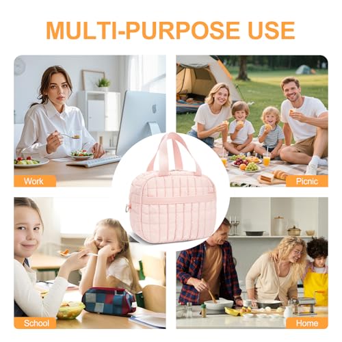 Honitty Quilted Puffer Lunch Bag, Insulated Lunch Box for Women, Gloss Pink M