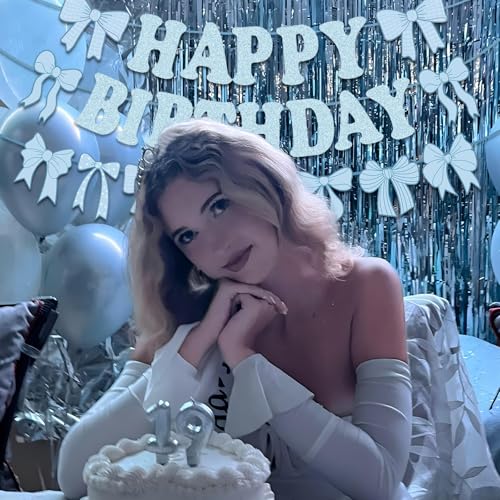 Blue Bow Happy Birthday Banner Set - Pre-Strung Glitter Garland