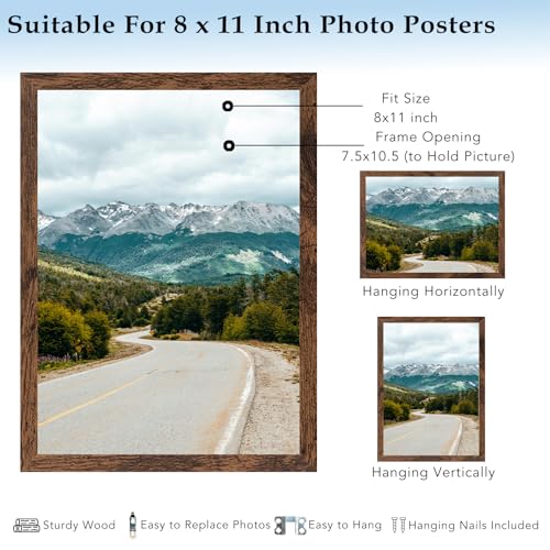 QOTIB 8x11 Picture Frame, Deep Brown Wood Frame for Wall or Tabletop
