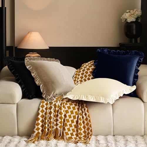 KKJIAF Taupe Velvet Throw Pillow Covers Set of 2 - 18x18 Inch Ruffle Edge Shams