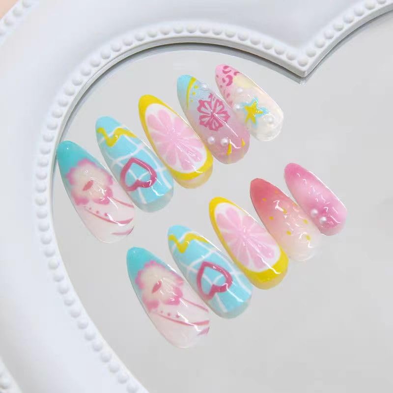 Short Press on Nails 2-Set Almond False Nails with 3D Flower Design