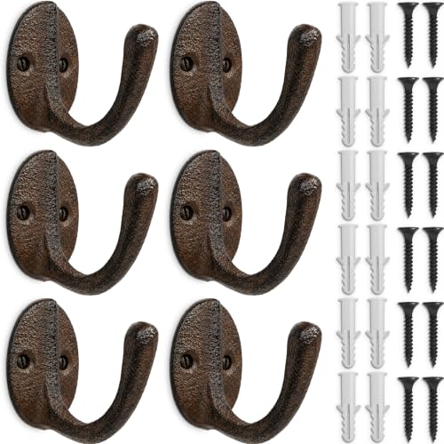 Rustic Cast Iron Wall Hooks - 6 Pack Vintage Coat Hangers