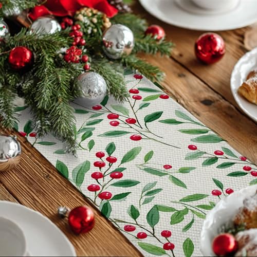 Farmhouse Christmas Table Runner Green Leaves & Berries Decor 13x72 Inches - Burlap