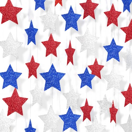 Patriotic Glitter Star Garland - 52 FT Red White Blue Decor for 4th of July