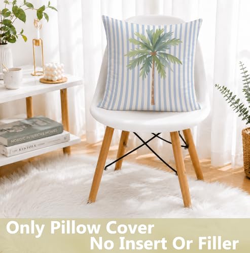 Tropical Palm Tree Blue Striped Pillow Cover 18x18 - Coastal Decor