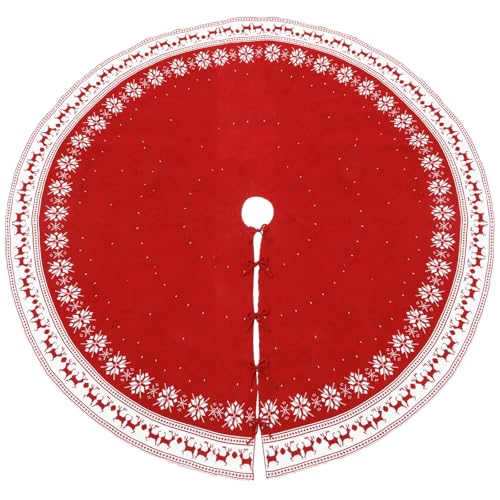 72-Inch Red Christmas Tree Skirt with Snowflakes and Reindeer, Extra Large Farmhouse Holiday Decor