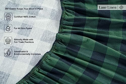 Cotton Flannel Sheets Set Cal King Size Green Buffalo Checks - Extra Soft & Cozy