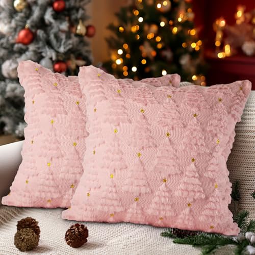 Christmas 12x12 Throw Pillow Covers Set of 2 Pink Winter Star & Tree Plush Faux Fur