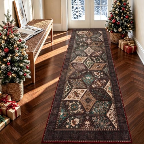 Vintage Kitchen Runner 2.7x8 ft Distressed Patchwork Rug Brown Burgundy Variation