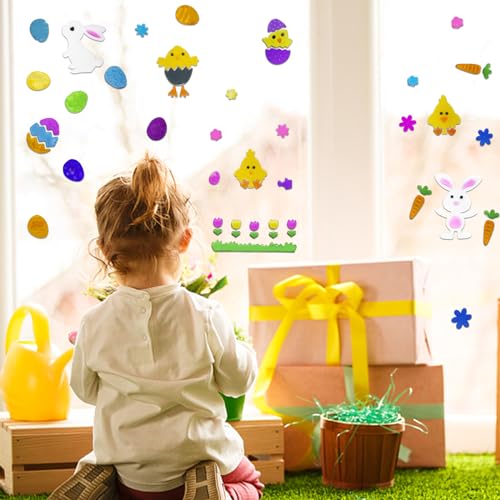 Easter Window Clings - 4Pcs Colorful Gel Stickers with Bunny, Egg & Carrot Designs