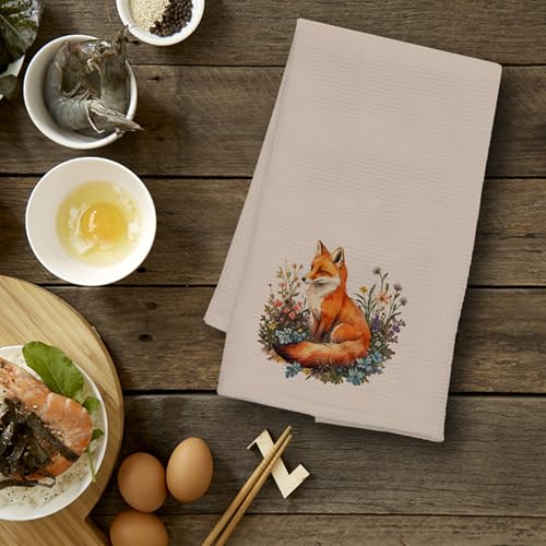 JINYO Fox Floral Kitchen Towels - Beige Foxes Decor Tea Dish Towels 16x24 Inches