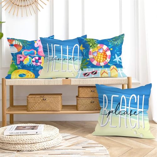 Joymaison 18x18 Velvet Throw Pillow Covers - Summer Pool Party Set of 4