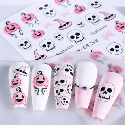 KTAABTR 8 Sheets Halloween Nail Stickers 3D Spiders Skulls & Pumpkins Decals