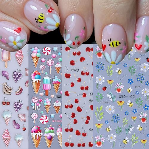 5D Embossed Flower Bee Nail Stickers 4 Sheets Spring Floral Decals