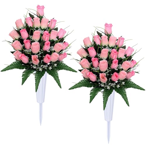 Artificial Cemetery Flowers with Vases - 2 Sets of Memorial Rose Bouquets