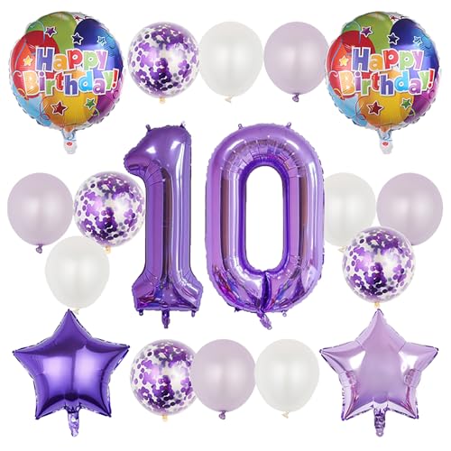10th Birthday Party Decorations - 18 Pcs Purple Foil & Latex Balloons