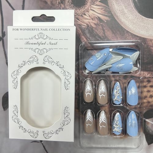 Blue Almond Press On Nails Medium French Rhinestone Heart Fake Nails