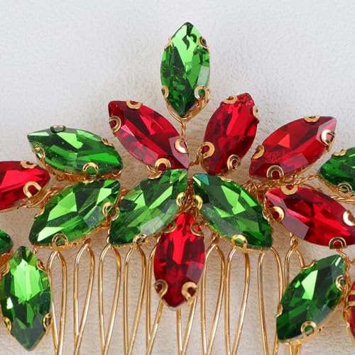 Teyglen Gold Crystal Wedding Hair Comb Red and Green Rhinestone Headpiece