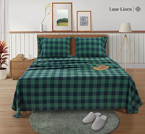 Cotton Flannel Sheets Set Cal King Size Green Buffalo Checks - Extra Soft & Cozy