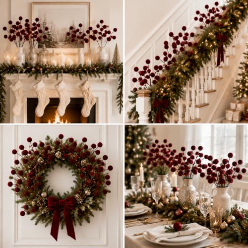 Velvet Christmas Tree Picks Set - Burgundy, 16 Pieces, 14 Inch Holiday Decor
