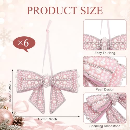 6 Pcs Pearl Bow Christmas Tree Ornaments with Hanging Ribbon - Pink