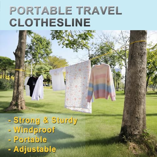 Portable Travel Clothesline Yellow 12.5 Ft - Windproof Laundry Line with Clothespins