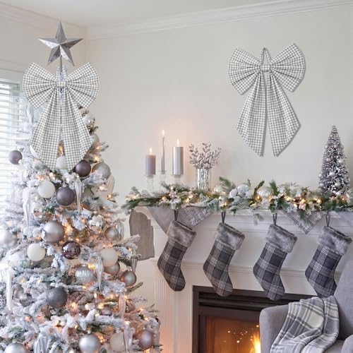 Grey Christmas Gingham Wreath Bow | 18" x 12" Holiday Door Decor