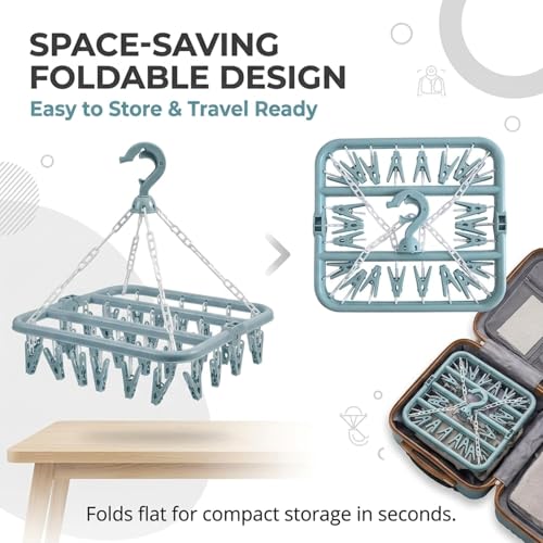 Foldable Clothes Drying Rack with 32 Clips - Light Blue