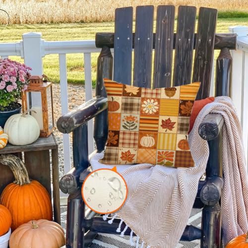 Fall Outdoor Pillow Cover 18x18, Waterproof Pumpkin Plaid Decor