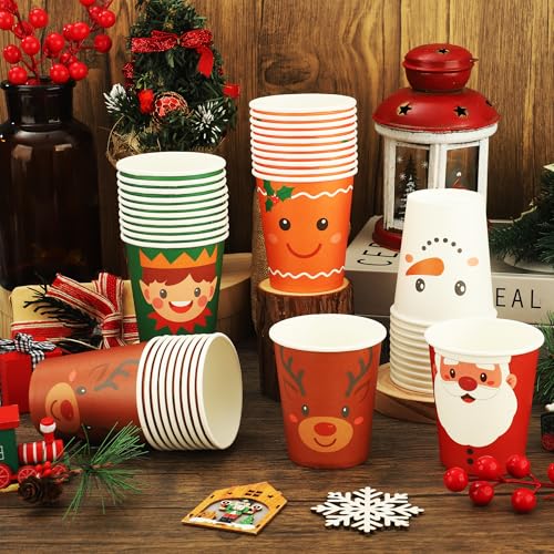 Christmas Paper Cups 9oz Disposable Holiday Drinkware Set - Santa Snowman Gingerbread