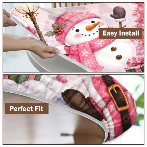 Pink Christmas Round Fitted Tablecloth with Elastic for 40-44 inch Tables - Winter Snowman Design