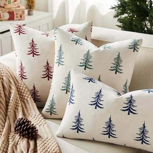 Winter Tree Christmas Pillow Covers, 18x18 Inch Cotton Set of 2