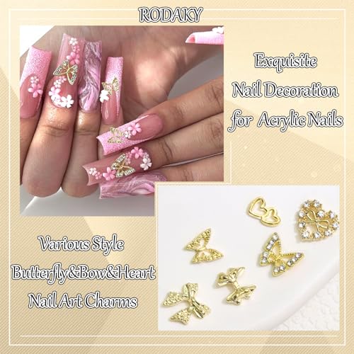 RODAKY 44PCS Gold Nail Charms 3D Bow Butterfly Metal Gems