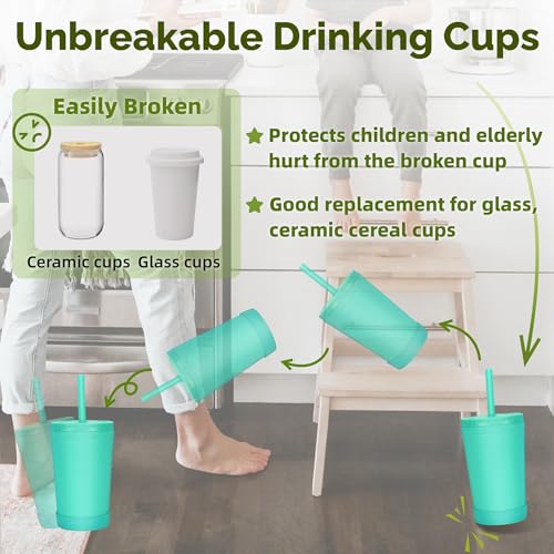 Homestockplus 10oz Wheat Straw Reusable Cups with Lids & Straws - Blue & Green