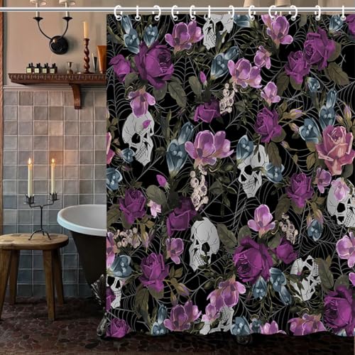 Floral Vintage Halloween Shower Curtain Set - Skull & Rose, 72x72 Inch, Waterproof, Floral5