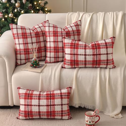 Red Plaid Waffle Textured Christmas Pillow Covers 22x22 - Pack of 2