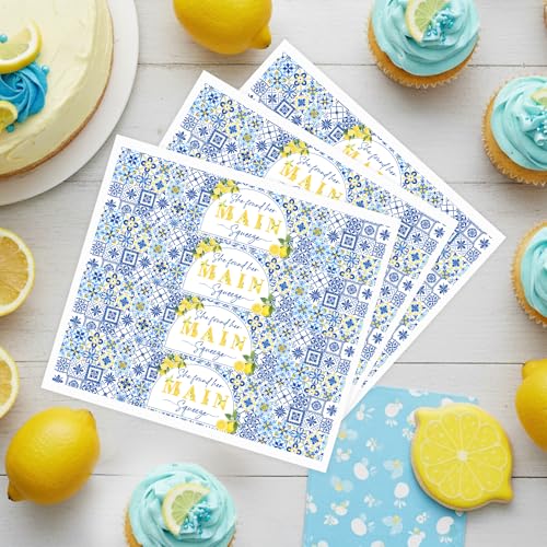 Blue Tile Lemon Theme Water Bottle Wraps - 52PCS for Parties