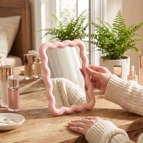 Wave-Shaped Pink Desk Mirror, Foldable Portable Makeup Mirror for Vanity