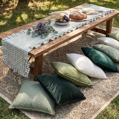 Green Gingham Cotton Ruffle Table Runner for 4-6 People - 12x71 Inches, Plaid / Olive Green