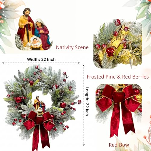 Lighted Christmas Wreath with Nativity Scene - 22 Inch Holiday Decor